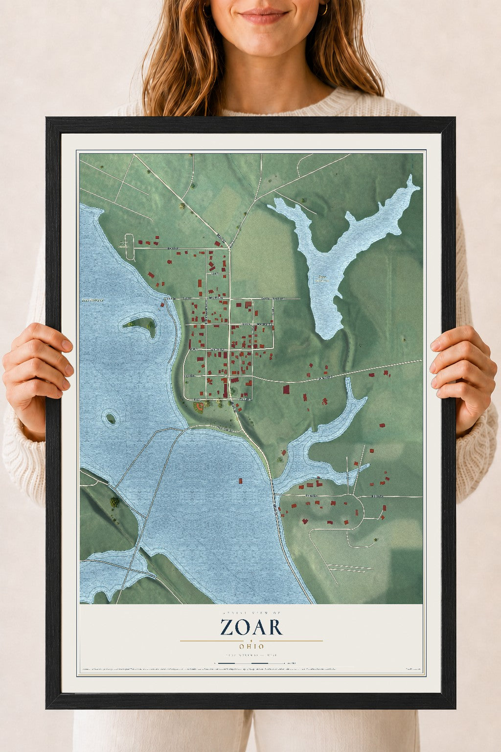 Map of Zoar, Ohio, 18 x 24 inch print in a black wood frame