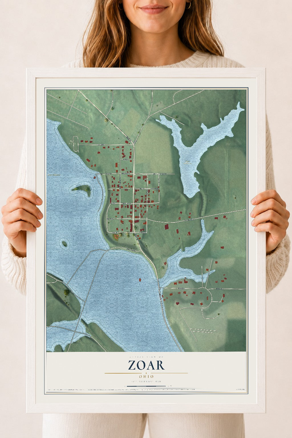 Map of Zoar, Ohio, 18 x 24 inch print in a white wood frame