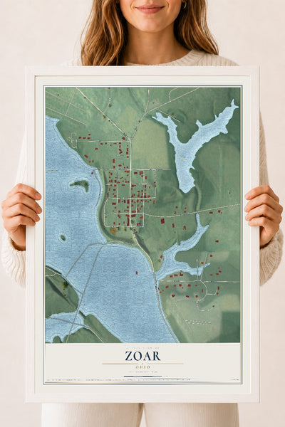 Map of Zoar, Ohio, 18 x 24 inch print in a white wood frame