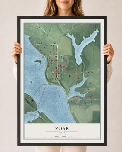 Map of Zoar, Ohio, 24 x 36 inch print in a black wood frame