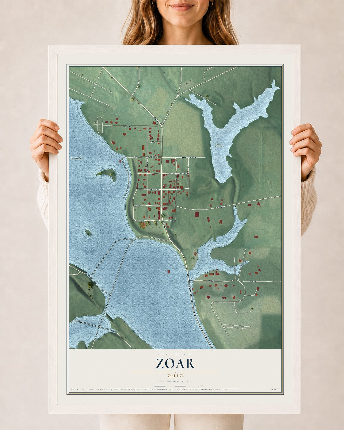Map of Zoar, Ohio, 24 x 36 inch print in a white wood frame