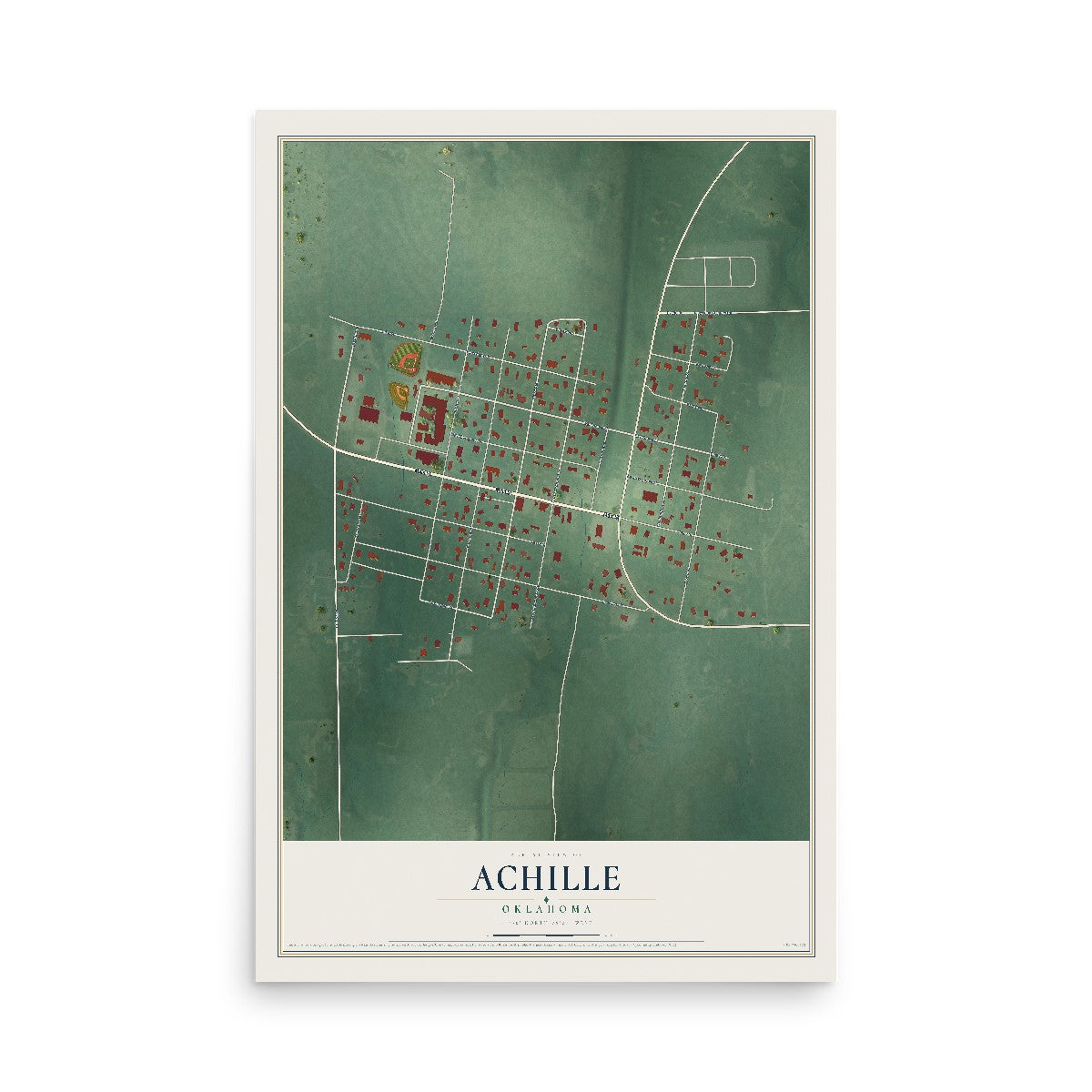Map of Achille, Oklahoma, 12 x 18 inch unframed archival matte print