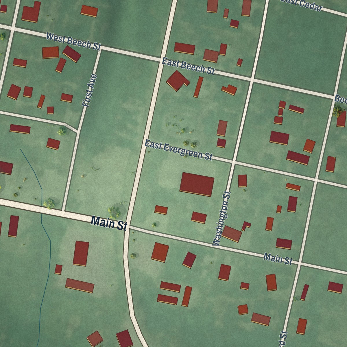 Second close-up of the map of Achille, Oklahoma print showing more streets and buildings
