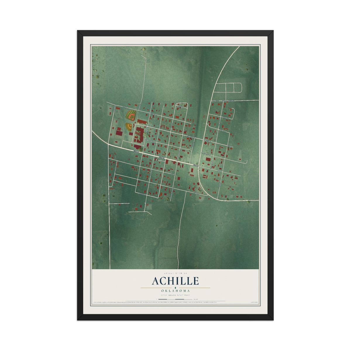 Map of Achille, Oklahoma, 12 x 18 inch print in a black wood frame