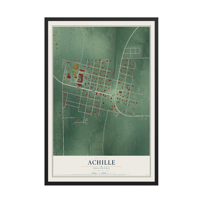 Map of Achille, Oklahoma, 12 x 18 inch print in a black wood frame