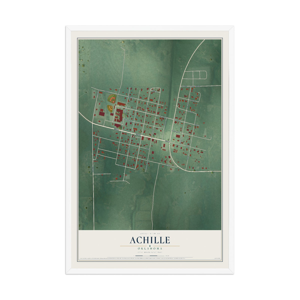Map of Achille, Oklahoma, 12 x 18 inch print in a white wood frame