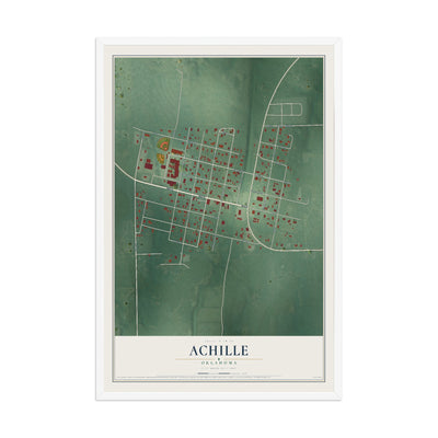 Map of Achille, Oklahoma, 12 x 18 inch print in a white wood frame