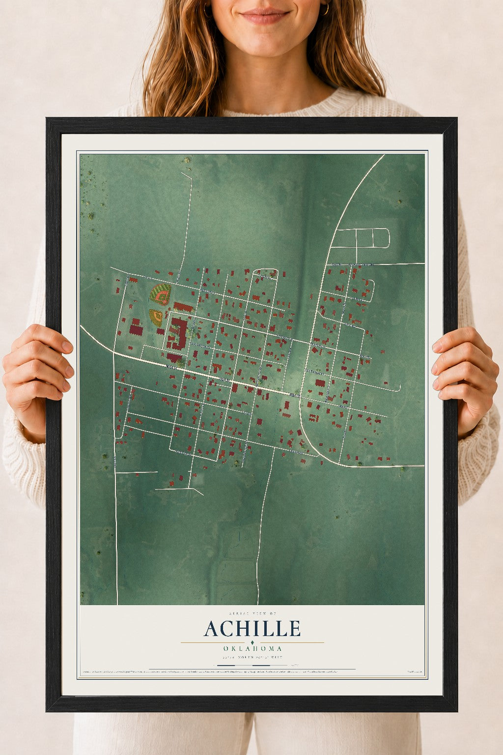 Map of Achille, Oklahoma, 18 x 24 inch print in a black wood frame