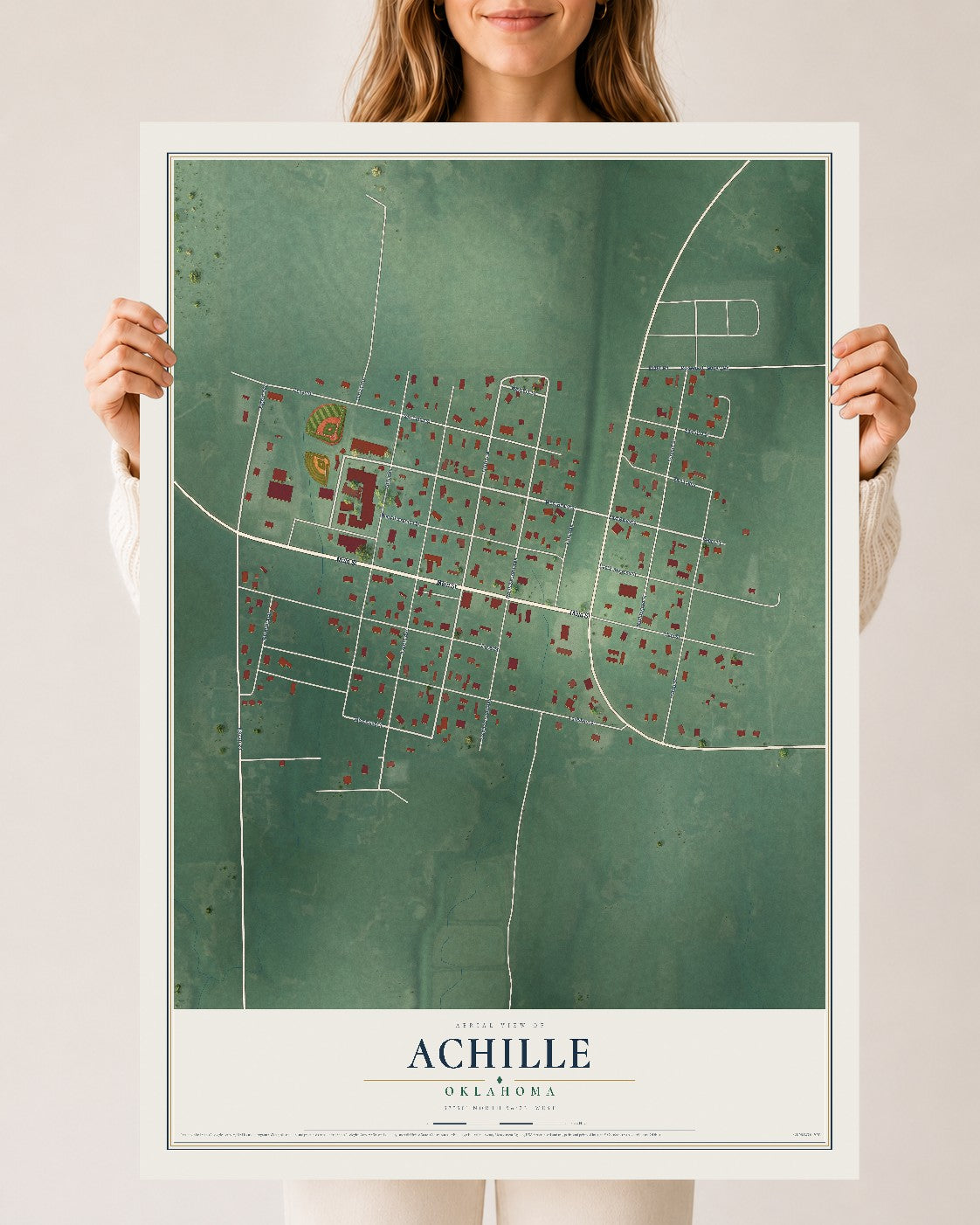 Map of Achille, Oklahoma, 24 x 36 inch unframed archival matte print