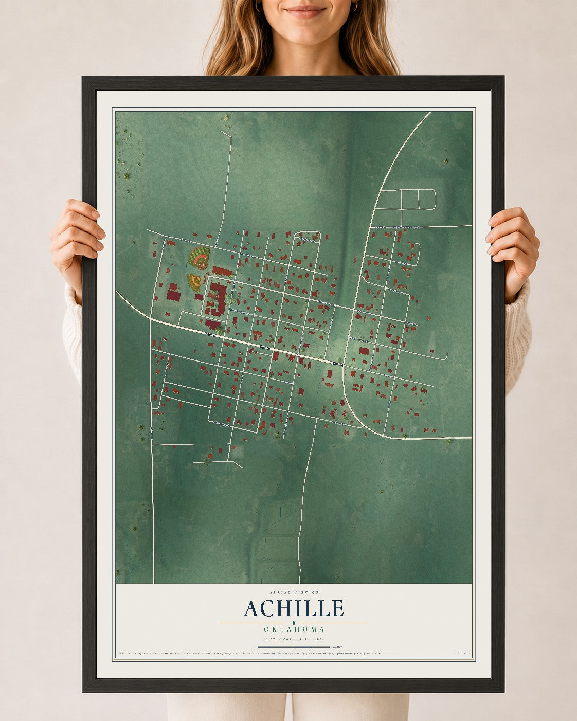 Map of Achille, Oklahoma, 24 x 36 inch print in a black wood frame