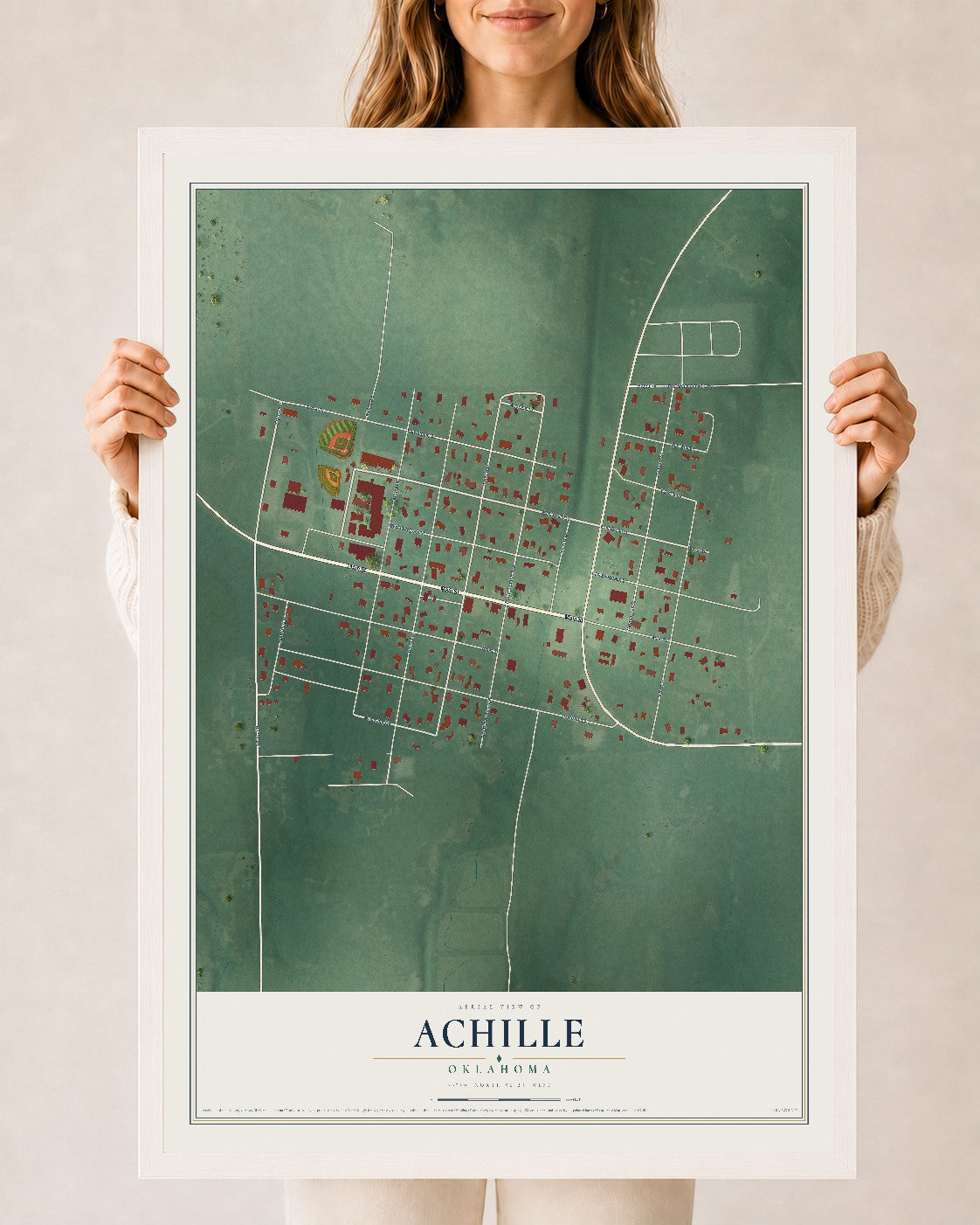 Map of Achille, Oklahoma, 24 x 36 inch print in a white wood frame