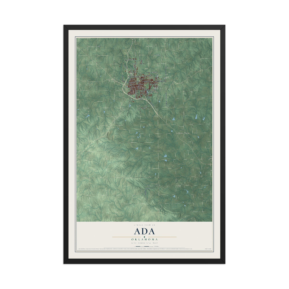Map of Ada, Oklahoma, 12 x 18 inch print in a black wood frame