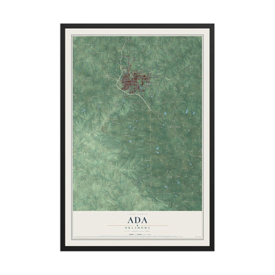 Map of Ada, Oklahoma, 12 x 18 inch print in a black wood frame