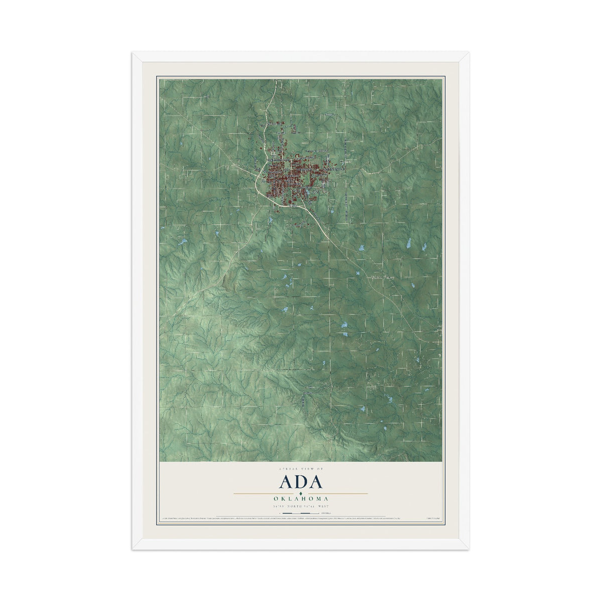 Map of Ada, Oklahoma, 12 x 18 inch print in a white wood frame