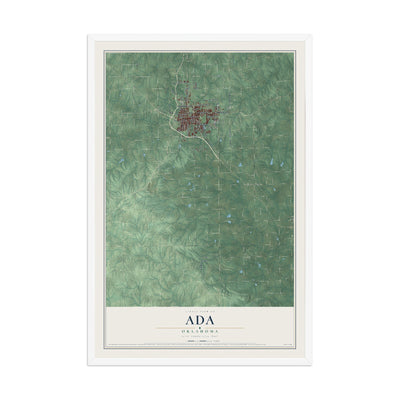 Map of Ada, Oklahoma, 12 x 18 inch print in a white wood frame
