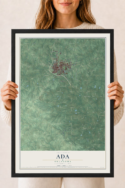 Map of Ada, Oklahoma, 18 x 24 inch print in a black wood frame