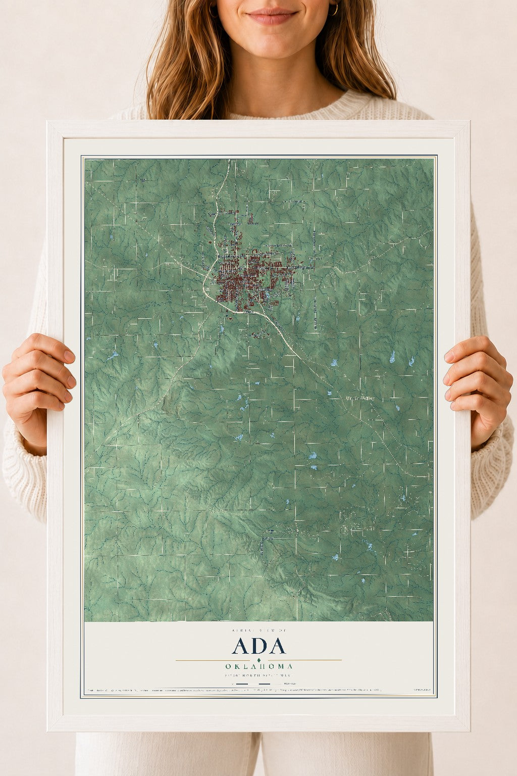 Map of Ada, Oklahoma, 18 x 24 inch print in a white wood frame