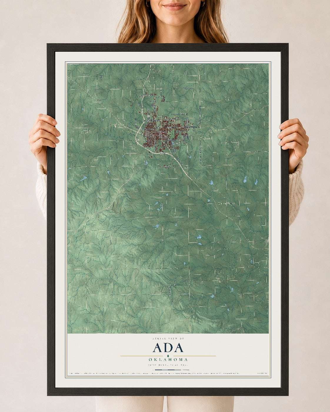 Map of Ada, Oklahoma, 24 x 36 inch print in a black wood frame