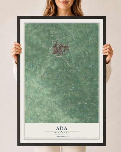 Map of Ada, Oklahoma, 24 x 36 inch print in a black wood frame