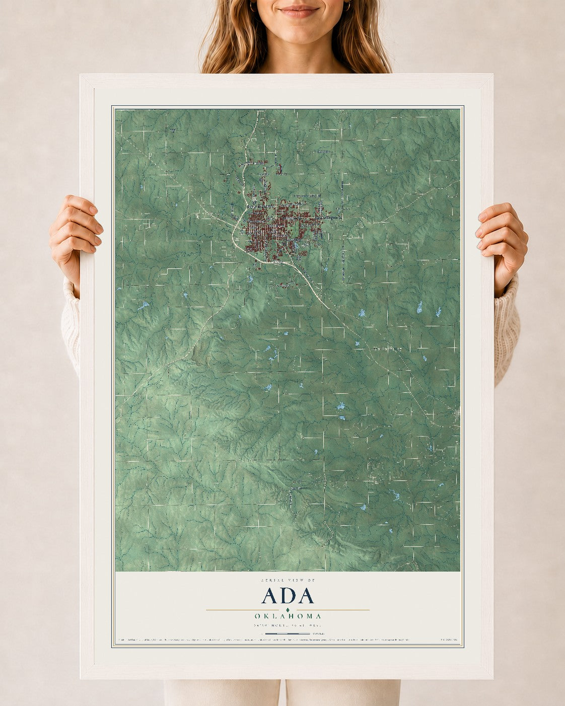 Map of Ada, Oklahoma, 24 x 36 inch print in a white wood frame
