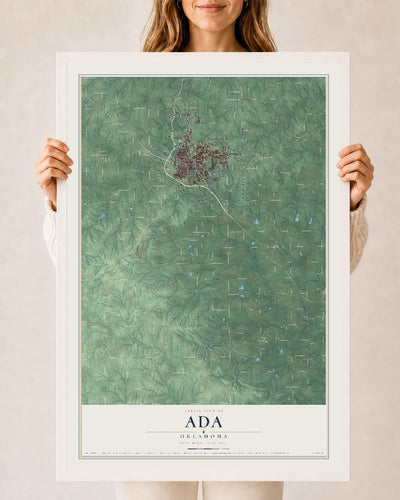 Map of Ada, Oklahoma, 24 x 36 inch print in a white wood frame