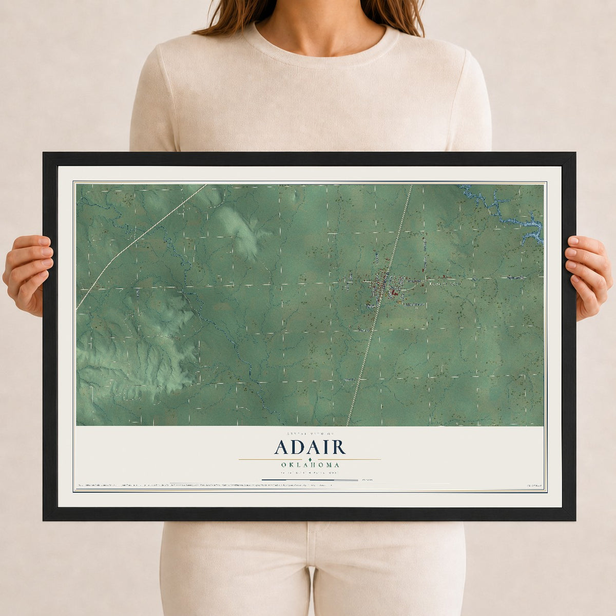 Map of Adair, Oklahoma, 12 x 18 inch print in a black wood frame