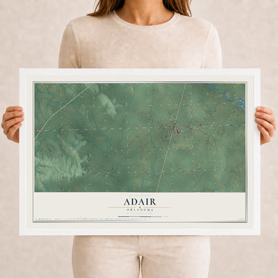 Map of Adair, Oklahoma, 12 x 18 inch print in a white wood frame