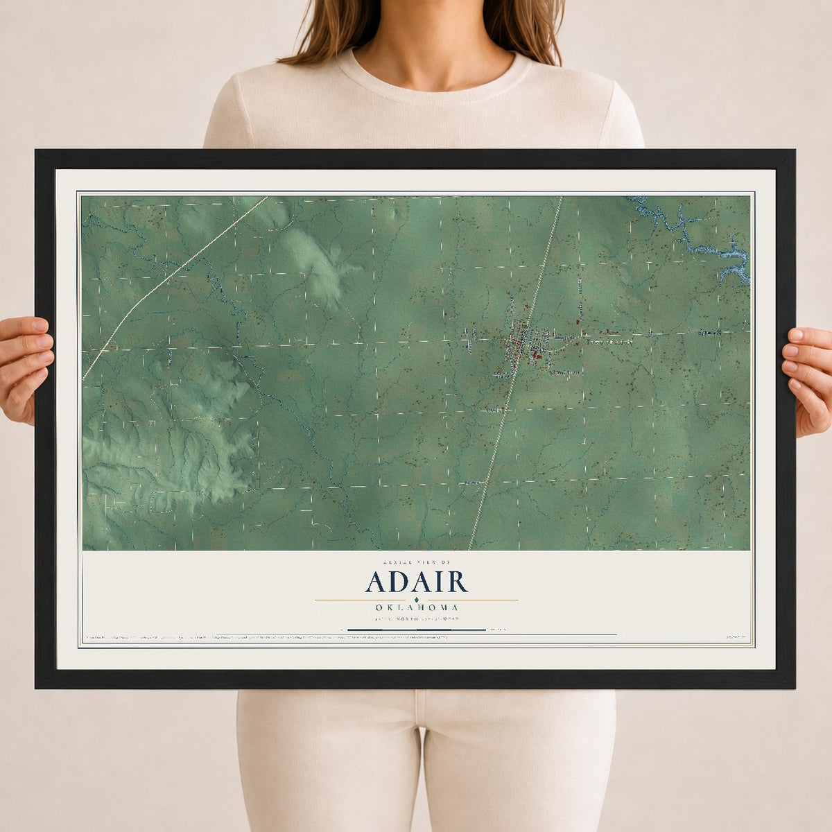 Map of Adair, Oklahoma, 18 x 24 inch print in a black wood frame