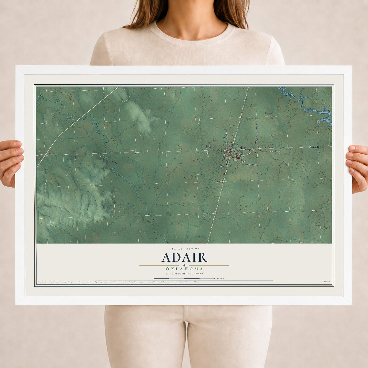 Map of Adair, Oklahoma, 18 x 24 inch print in a white wood frame