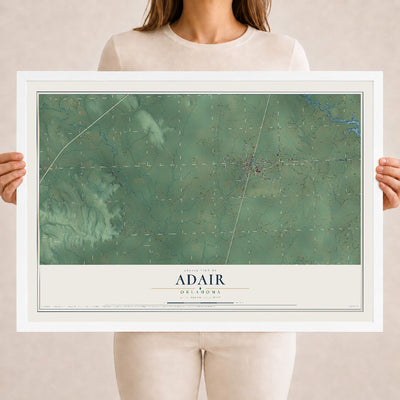Map of Adair, Oklahoma, 18 x 24 inch print in a white wood frame