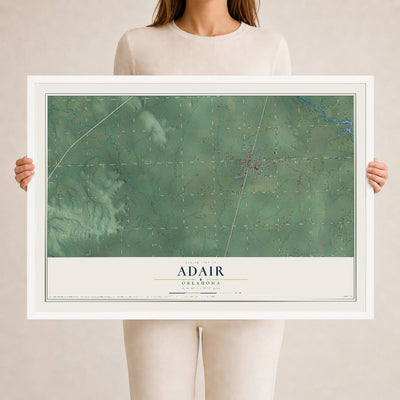Map of Adair, Oklahoma, 24 x 36 inch print in a white wood frame