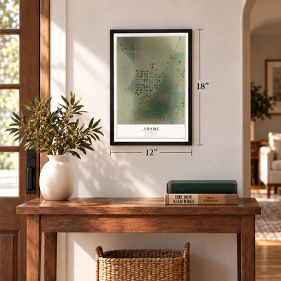 Adams, Oklahoma map, 12 x 18 inch print in a black frame in an entryway