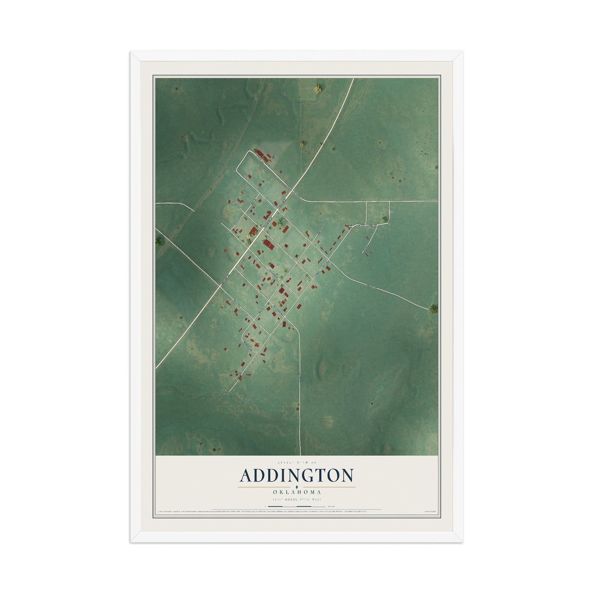 Map of Addington, Oklahoma, 12 x 18 inch print in a white wood frame