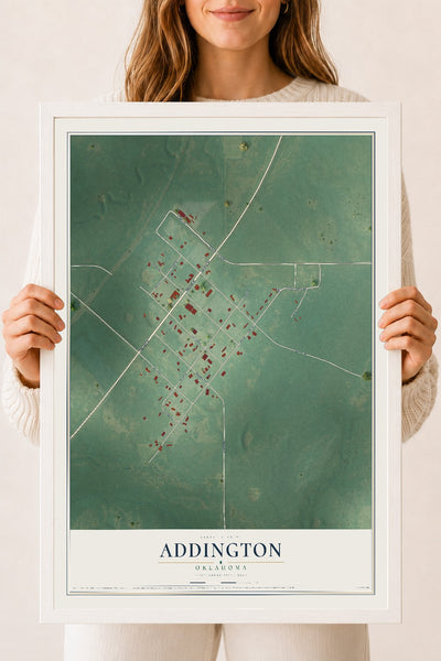Map of Addington, Oklahoma, 18 x 24 inch print in a white wood frame