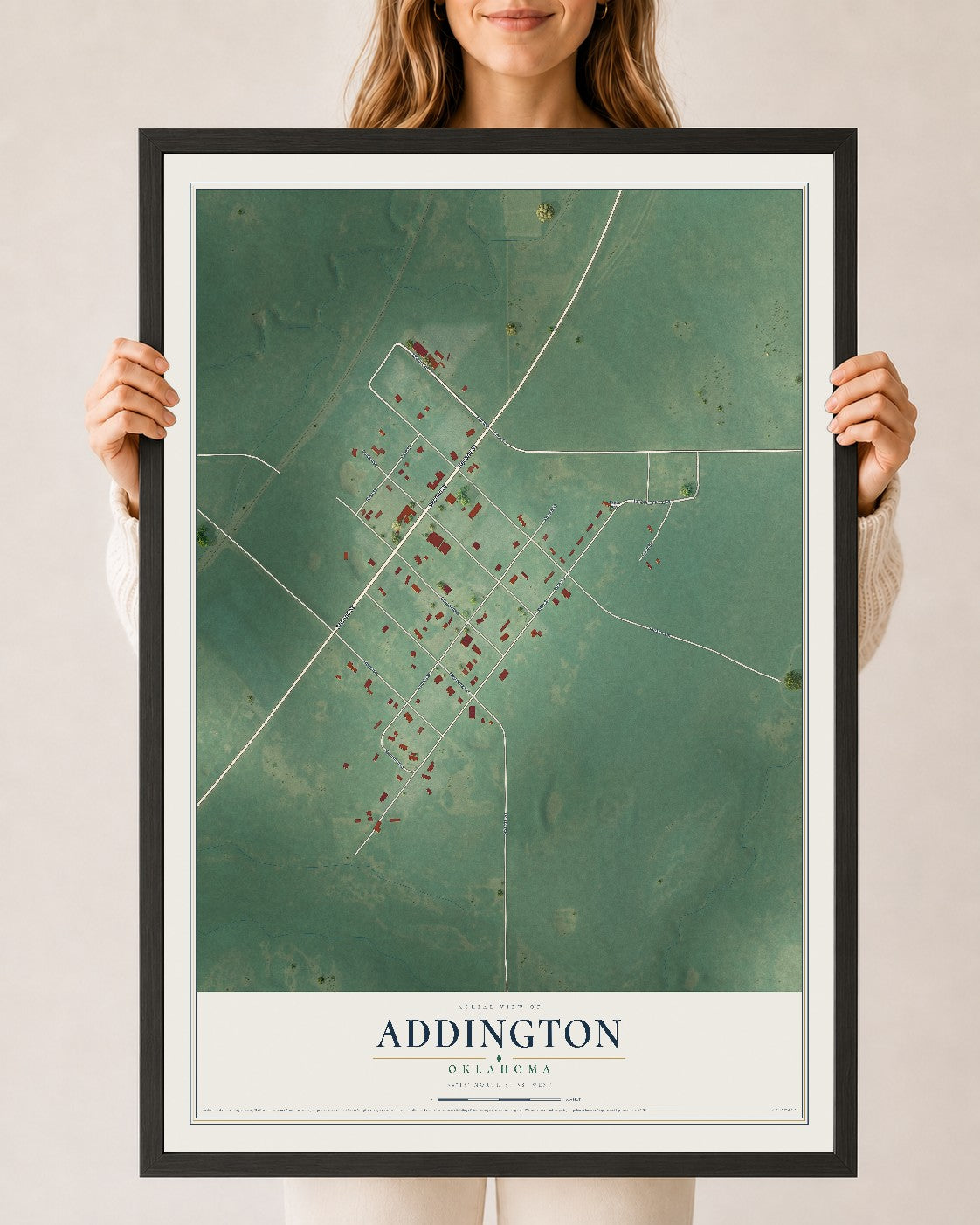 Map of Addington, Oklahoma, 24 x 36 inch print in a black wood frame