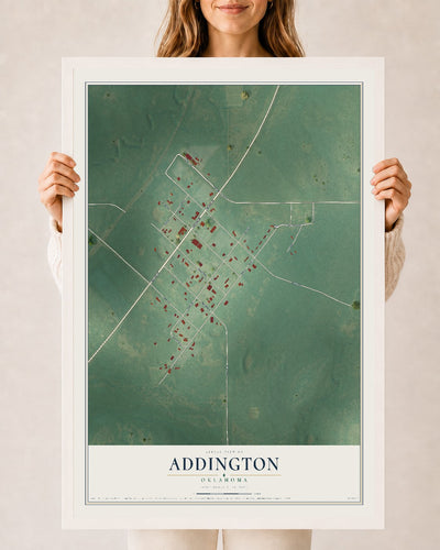 Map of Addington, Oklahoma, 24 x 36 inch print in a white wood frame