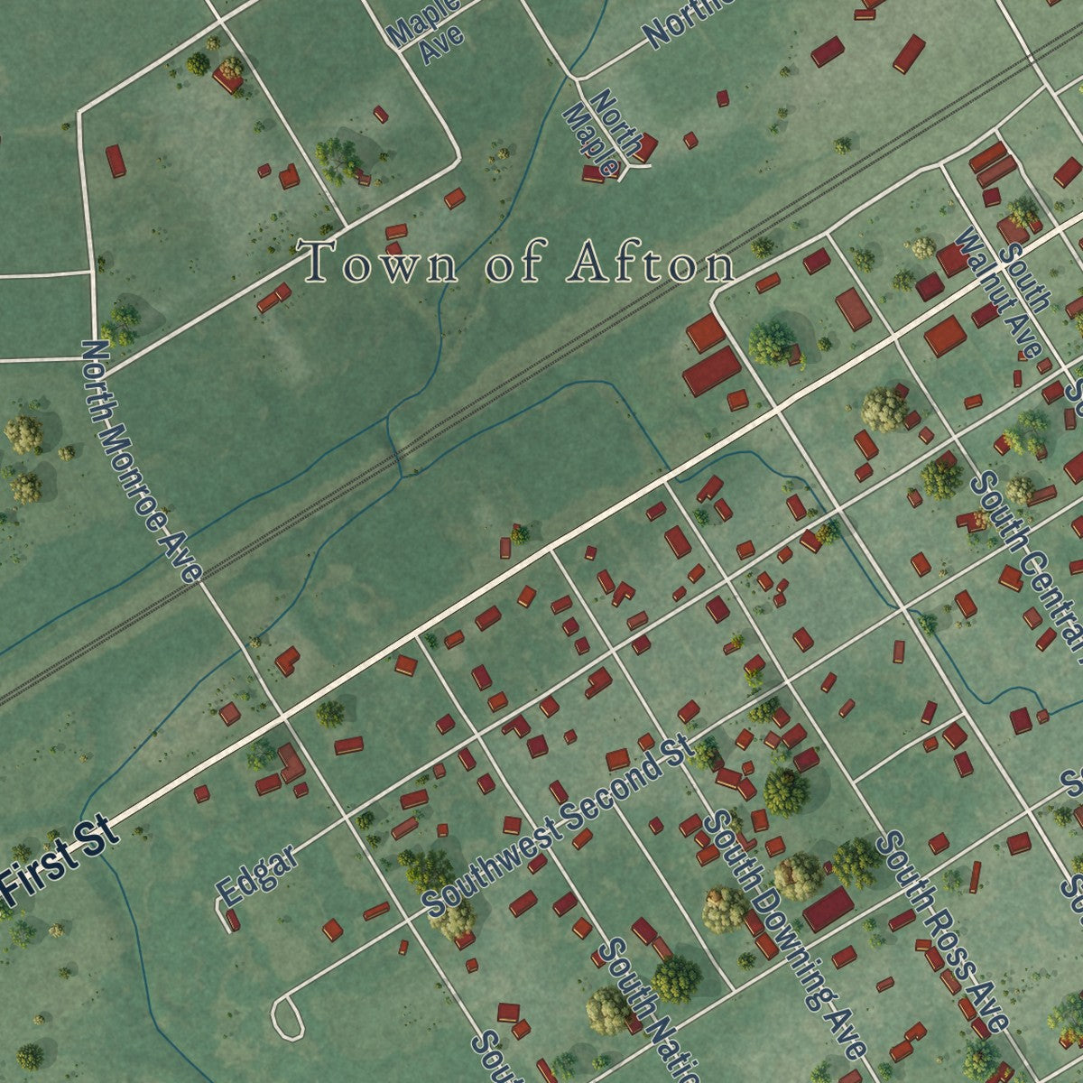 Close-up of the map of Afton, Oklahoma print showing street and building detail