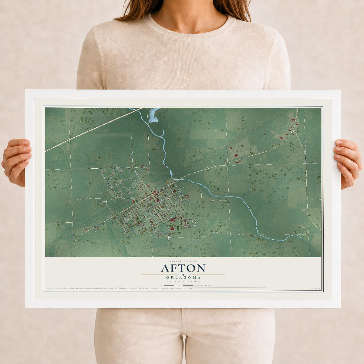 Map of Afton, Oklahoma, 12 x 18 inch print in a white wood frame