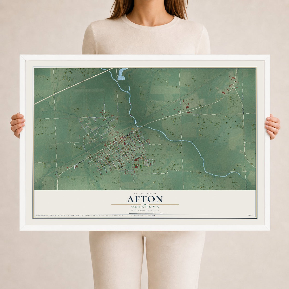 Map of Afton, Oklahoma, 24 x 36 inch print in a white wood frame