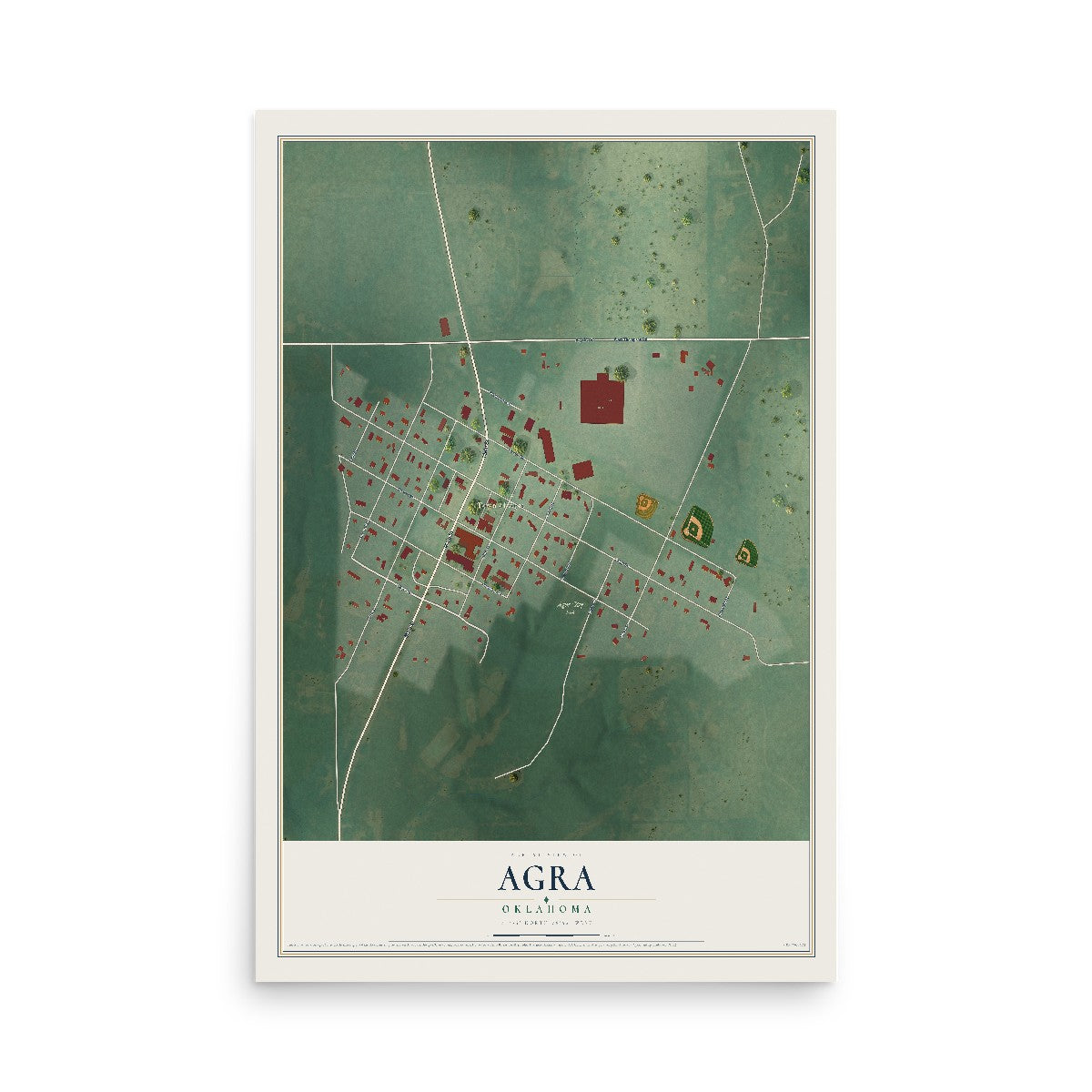 Map of Agra, Oklahoma, 12 x 18 inch unframed archival matte print