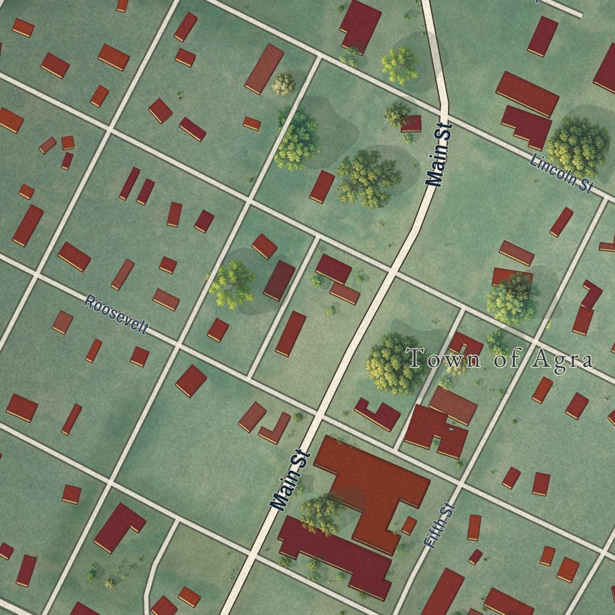 Close-up of the map of Agra, Oklahoma print showing street and building detail