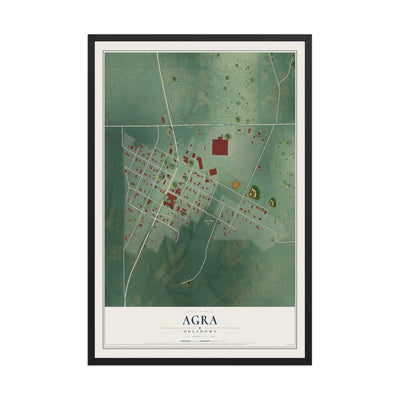Map of Agra, Oklahoma, 12 x 18 inch print in a black wood frame