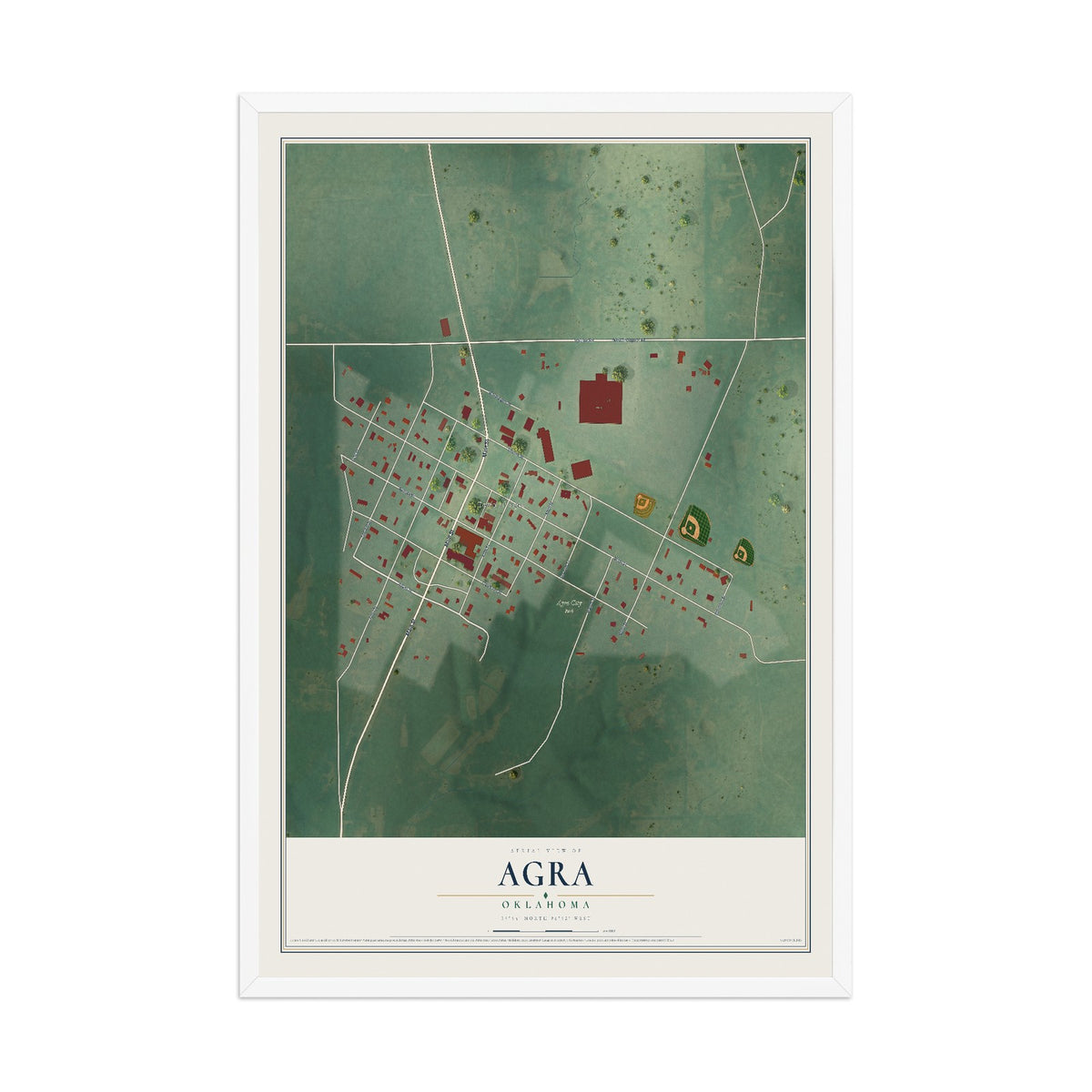 Map of Agra, Oklahoma, 12 x 18 inch print in a white wood frame