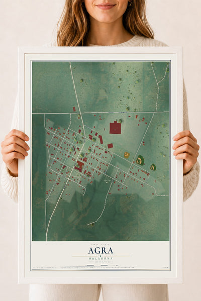 Map of Agra, Oklahoma, 18 x 24 inch print in a white wood frame