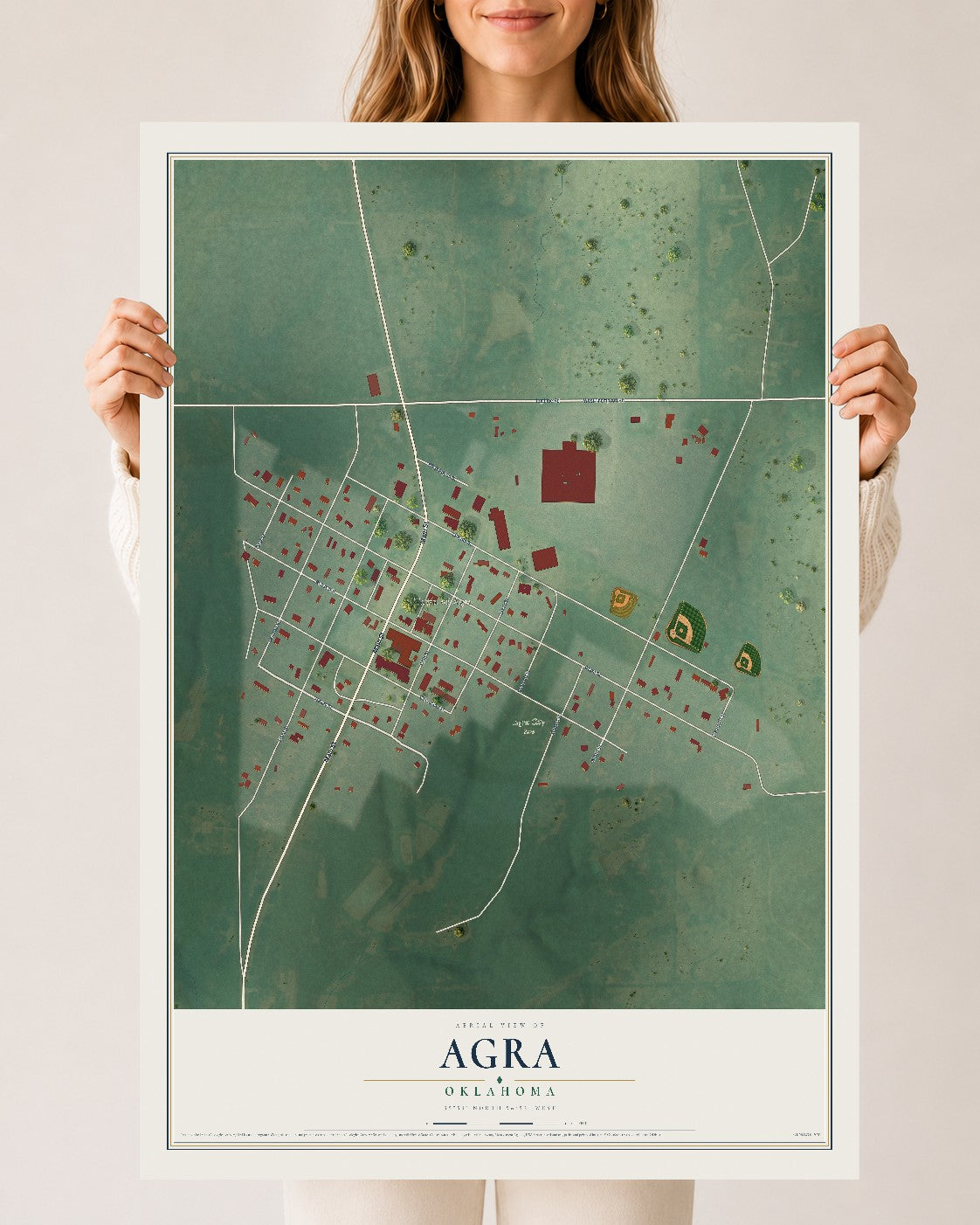 Map of Agra, Oklahoma, 24 x 36 inch unframed archival matte print