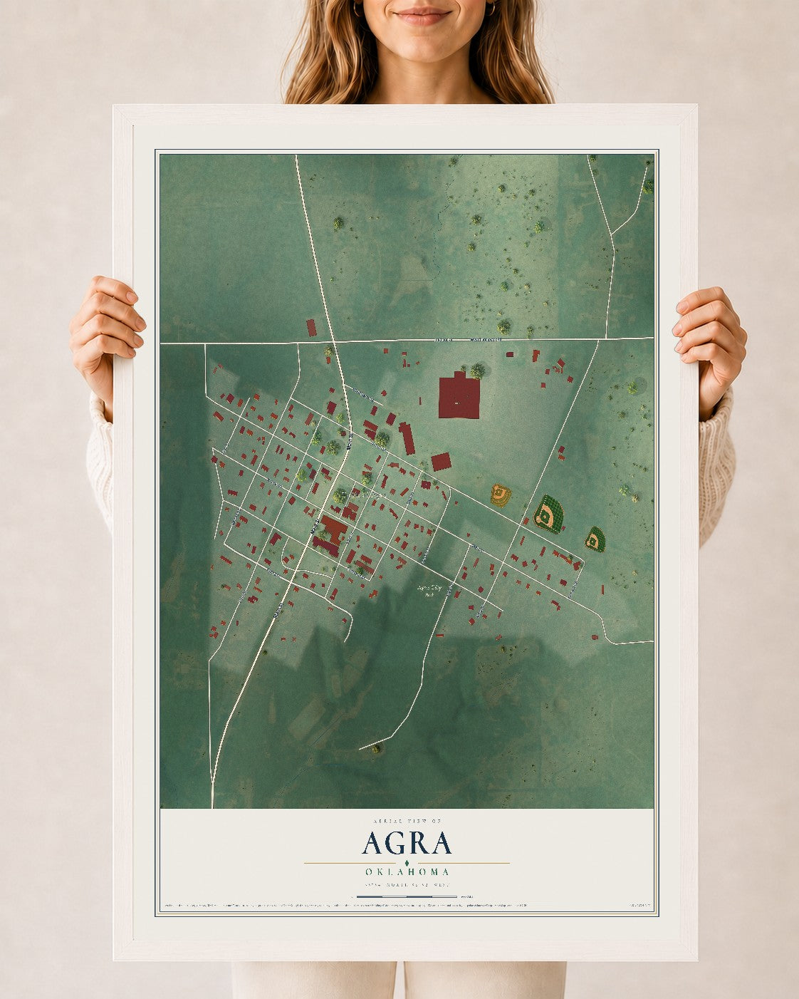 Map of Agra, Oklahoma, 24 x 36 inch print in a white wood frame