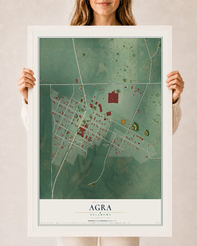 Map of Agra, Oklahoma, 24 x 36 inch print in a white wood frame