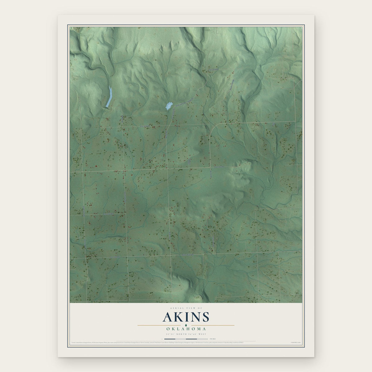 Akins, Oklahoma map print, the full design