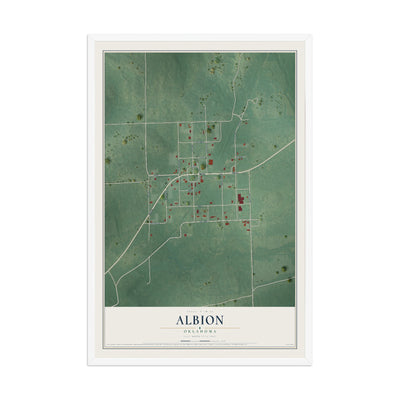Map of Albion, Oklahoma, 12 x 18 inch print in a white wood frame