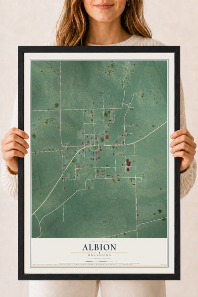 Map of Albion, Oklahoma, 18 x 24 inch print in a black wood frame